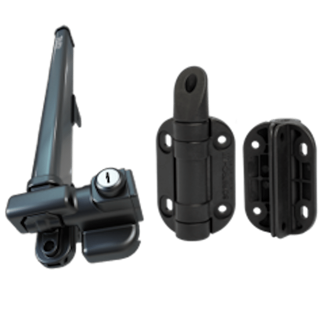 Pool safe top pull latch and adjustable self closing hinge set